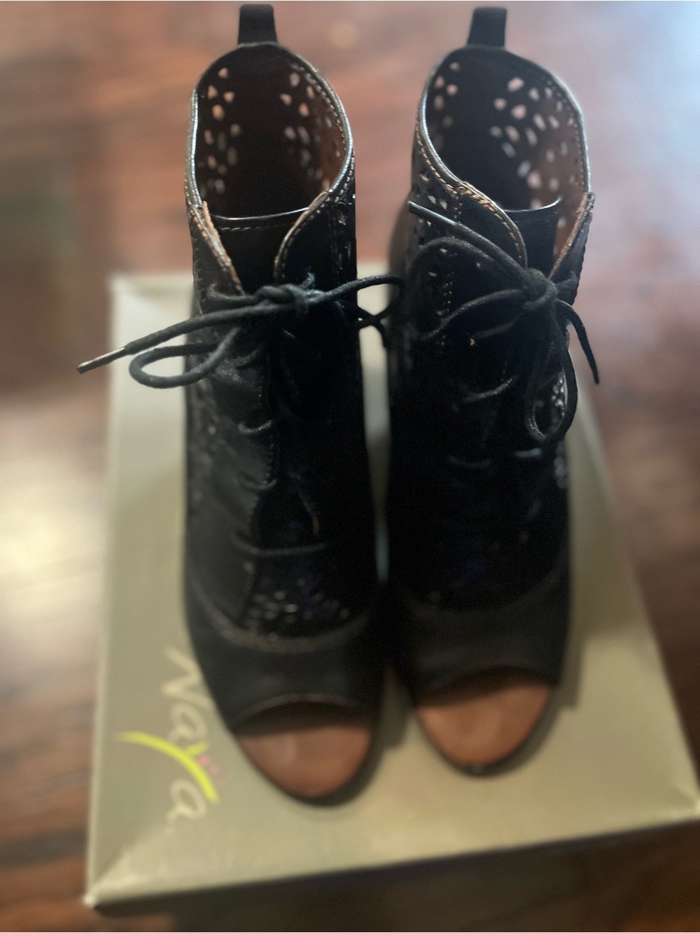 Stanley Black Laser-Cut Lace-Up Peep Toe Booties